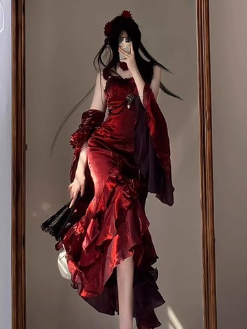 Niulatu High Low Irregular Ruffled Spaghetti Straps Women's Burgundy Birthday Outfits Party Dresses With Sleeves SD441